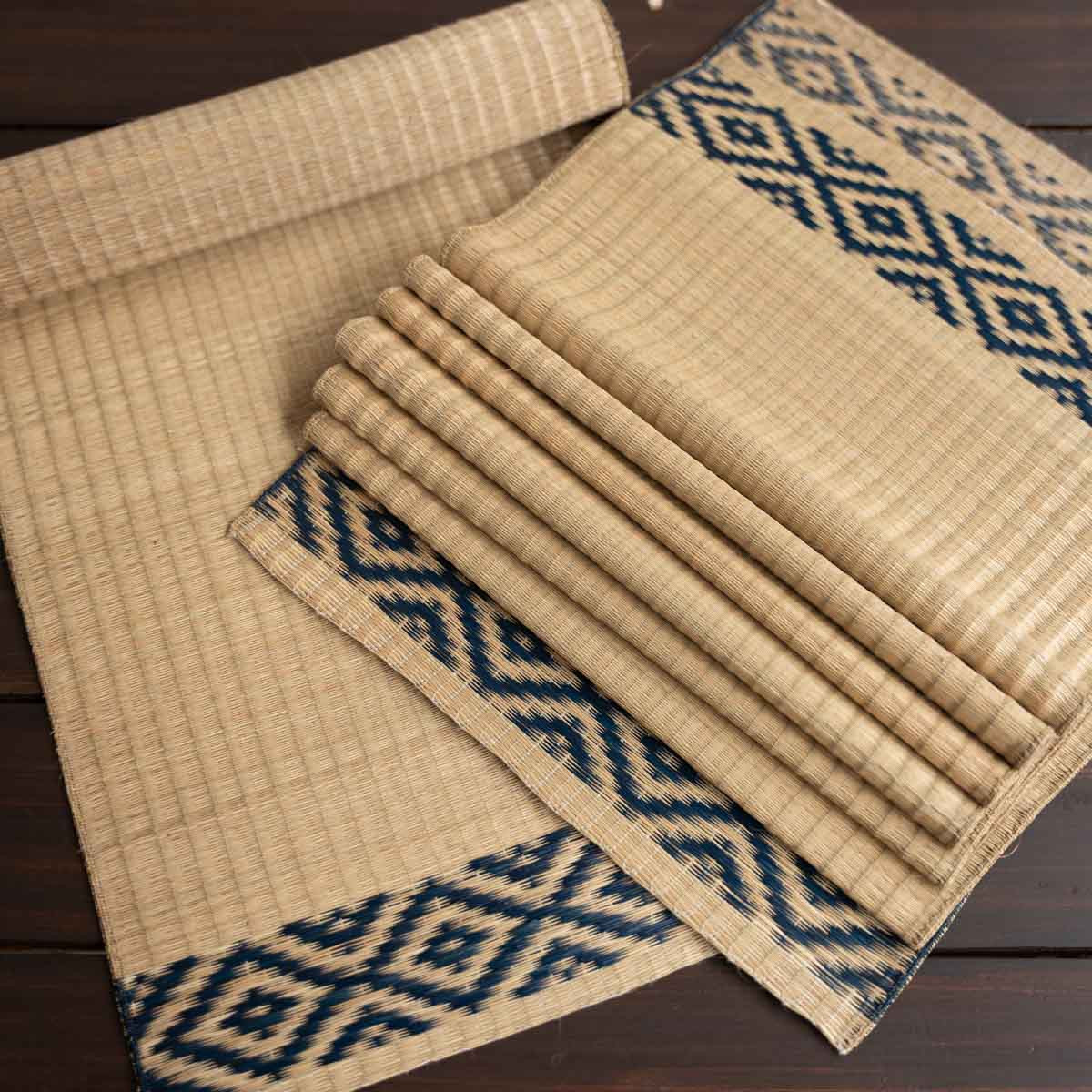 Handwoven Madur Runner and Mats Set (Blue Border)