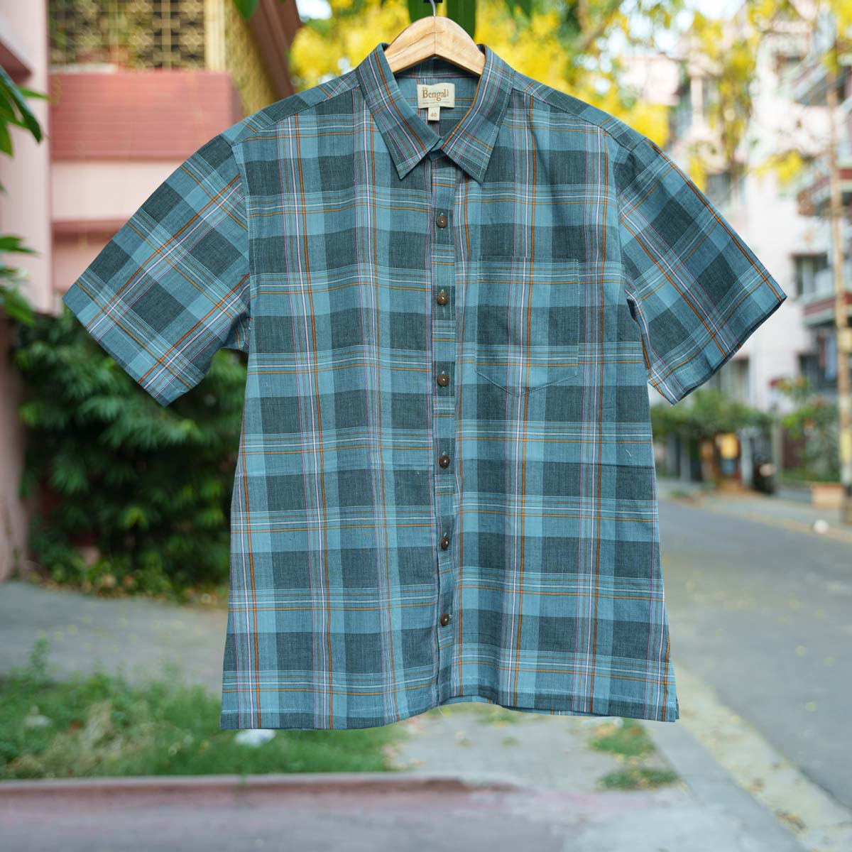 Blue Checked Cotton Half Sleeve Shirt- 42
