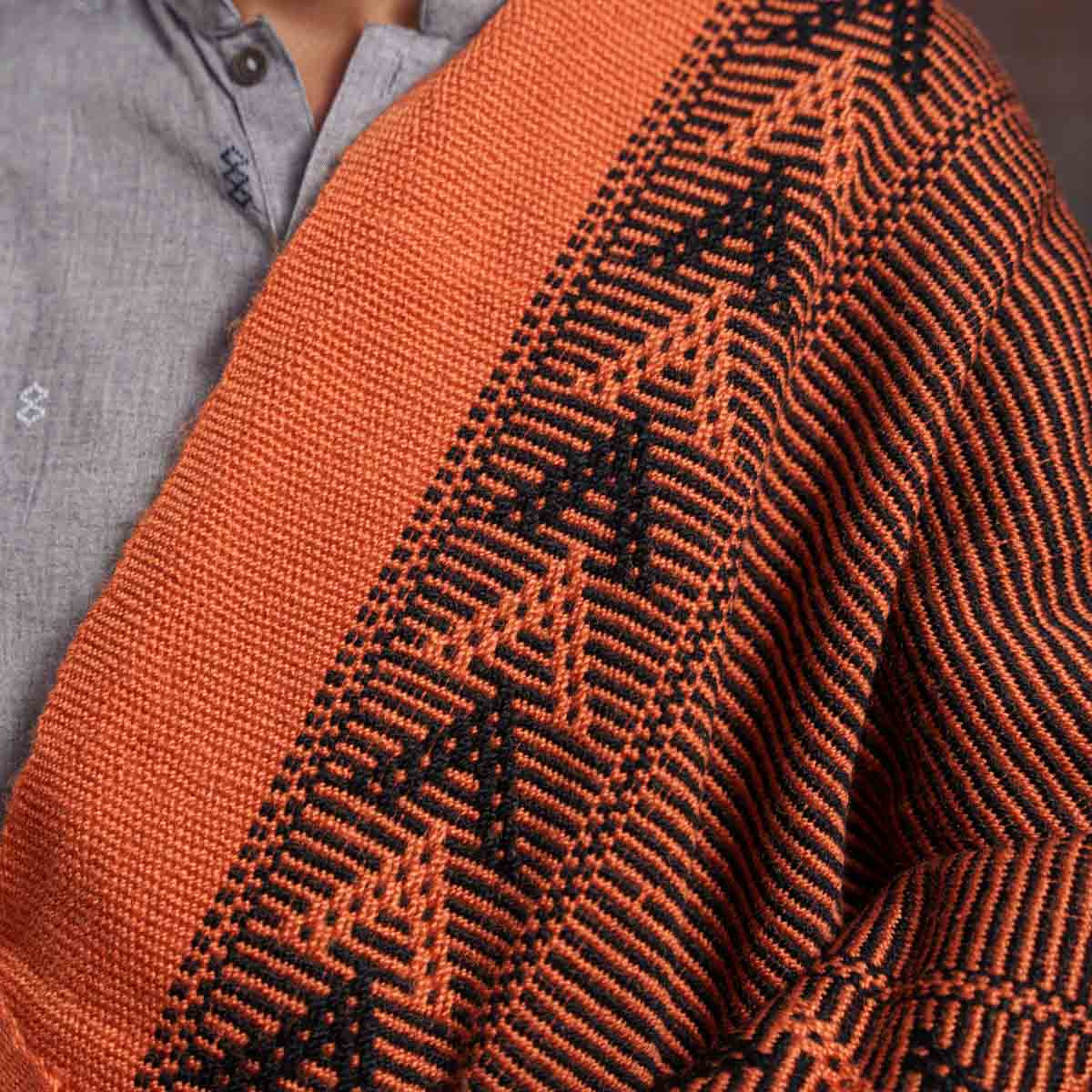Pure Wool Handwoven Black and Orange Shawl